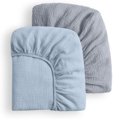 Blissful Diary Muslin Mini Crib Sheets, 2 Pack, Light Blue & Grey | fitted for pack n play, soft and breathable cotton, boho style, easy care for machine wash, gifts for boys and girls