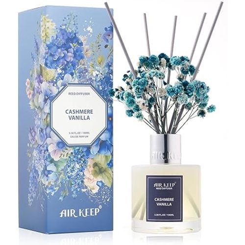 Airkeep Reed Diffuser Set,3.38 fl oz (100 ml) - Cashmere Vanilla Oil Diffusers with 8 Reed Sticks, Home Fragrance Reed Diffuser for Bathroom Shelf Decor