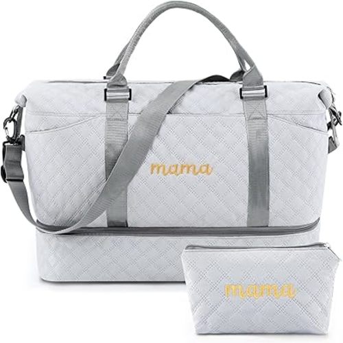 Mama Hospital Bag for Women Labor Delivery Travel Duffle Bag with Shoe Compartment and Toiletry Pouch Waterproof Letter Embroidered for Pregnancy Weekender Overnight Gym Gift, Gray