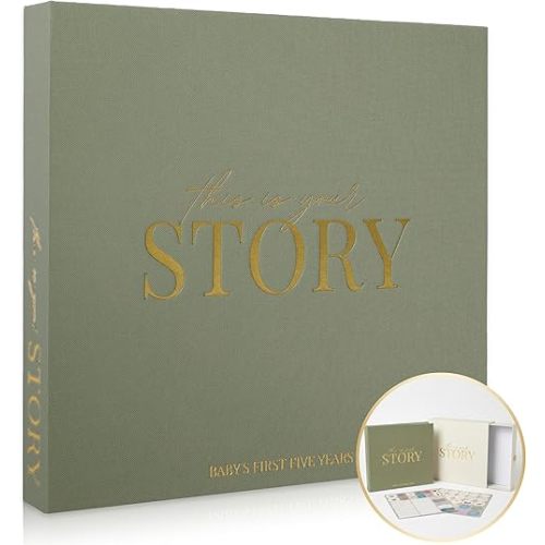 Baby Memory Book & Baby Keepsake Book to Record Baby's Milestones and Photos for Newborn Girl or Newborn Boy, Gender Neutral, Scrapbook Album, First 5 Year Journal Includes Stickers & Keepsake Box