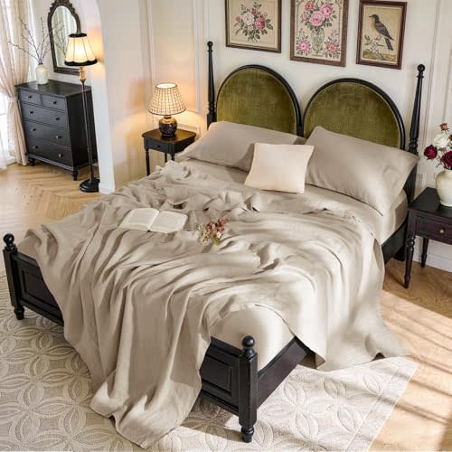 SONORO KATE 100% French Linen King Size Sheets Set,Natural Flax Bedding | Cooling for Hot Sleepers,Anti-Tear,Breathable Durable,16" Deep Pocket,Machine Washable,4PC,Natural Linen