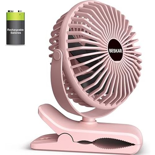 BESKAR Portable Clip on Fan Rechargeable, 4 Speeds Small Battery Operated Fans, USB Desk Fan with Strong Airflow, Sturdy Clamp Fans for Golf Cart Office Outdoor Travel Camping