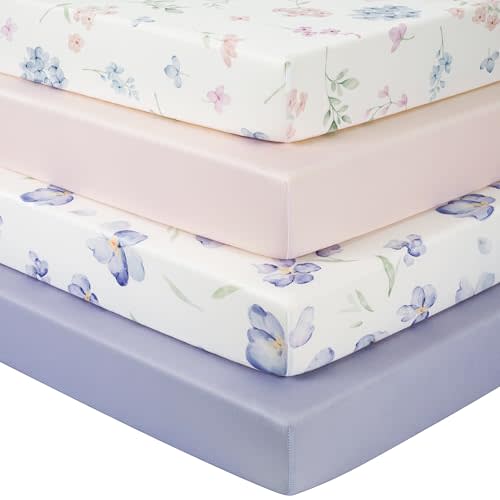 Baby Crib Sheets Girl, Toddler Bed Sheets Fitted for 52”x28”Standard Crib and Toddler Mattresses, 4 Pack Soft Breathable Stretchy Pink Purple Floral