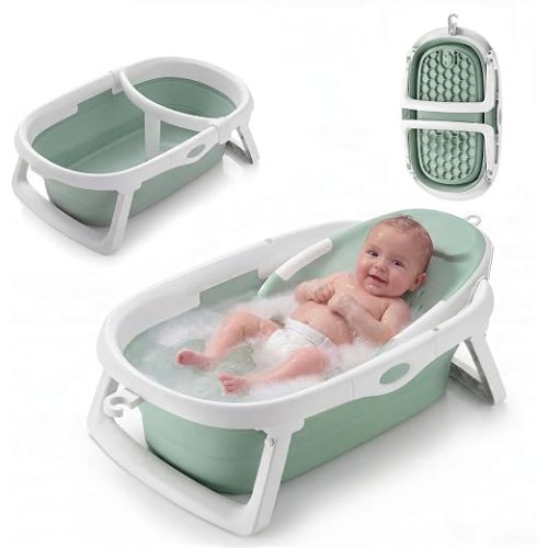 CheerTry 4-in-1 Grow-with-Me Baby Bathtub, Foldable Infant Tub for Newborn to Toddler from 0-24 Months, Collapsible Baby Bath Tub with Removable Bath Basket & Built-in Thermometer for Baby Shower