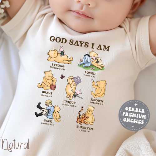 God Says I Am Baby Christian Onesie® Bear and Piglet Faith Newborn Apparel Scripture Infant Gift