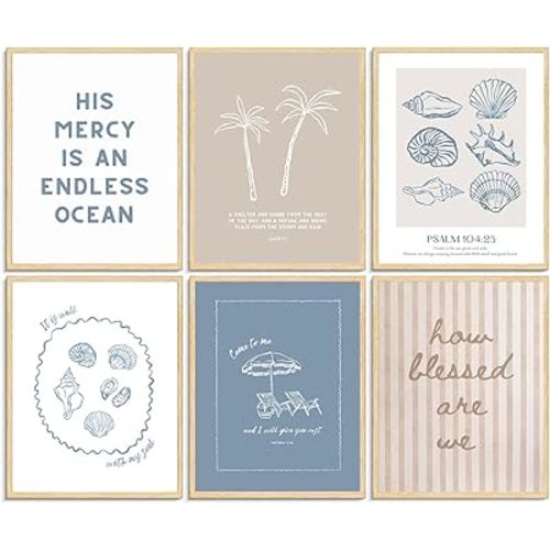 AHYARTLT 6Pcs Coastal Christian Wall Art Prints Seashell Bible Verse Posters Beachy Scripture Religious Wall Decor Pictures for Bedroom Living Room Home Decoration Unframed 8x10in