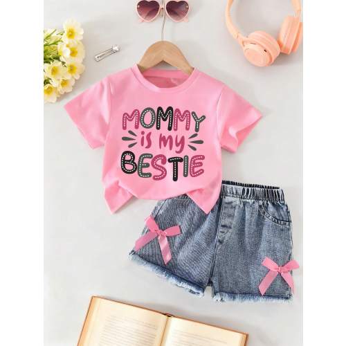 Baby Girl Letter Print Short Sleeve Top And Solid Color Denim Shorts