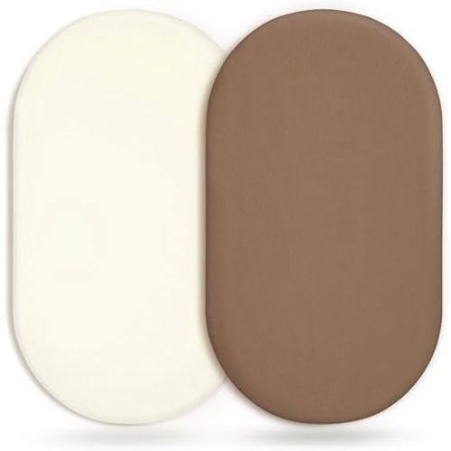 GRSSDER Stretchy Ultra Soft Fitted Bassinet Sheet 2 Pack, Universal Fit for Bassinets Baby Cradle Moses Basket Oval Rectangle Mattress Safe and Snug, Jersey Bassinet Sheets for Baby, Cream & Brown