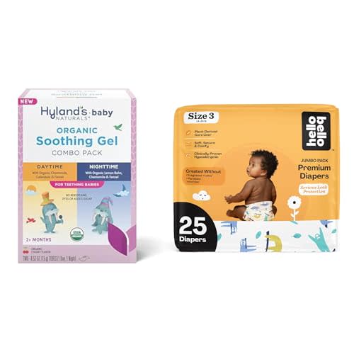 Hyland's Baby - Organic Day/Night Soothing Gel Combo Pack, Natural Relief of Oral Discomfort (2 Tubes of 0.53 oz.) + Hello Bello Premium Baby Diapers Size 3, 25 Count