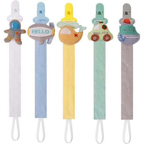 5 Pack Pacifier Clips for Baby Boys, Multicolor Fabric Straps,5pcs Straps, Approx. 11 in / 29 cm, Resin Clips with Inner Grip Design, Fits Most Pacifiers with Handles(12)