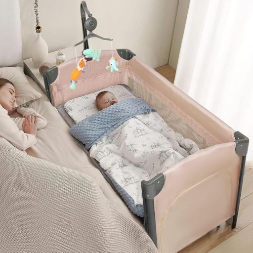 JOYMOR Baby Bedside Bassinet, Baby Bassinet, Pack n Play Convert Playpen, Quick Foldable Travel Bed with Wheels & Brake (Beige)