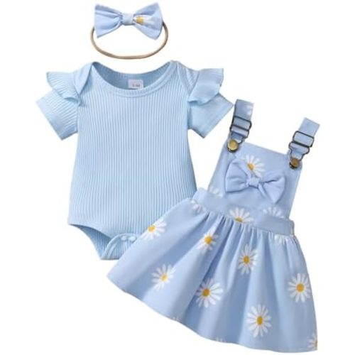 Baby Girl Summer Outfit Ribbed Bodysuit Floral Suspender Dress Set