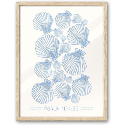 EcoHest Christian Bible Verse Framed Wall Art, 12x16 in OAK Wood Trendy Seashell Nautical Scripture Quote Canvas Wall Art, Psalm 104:25 Home Decor, Beige Logs Set of 1 for Bedroom Living Room
