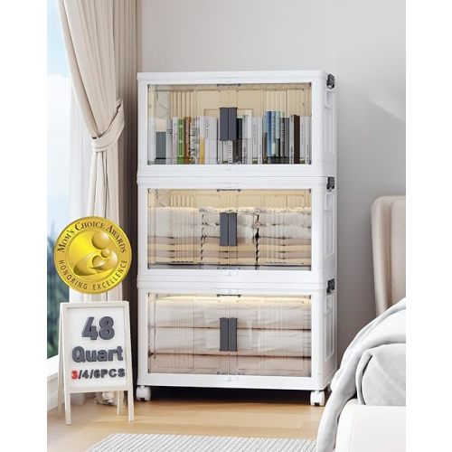 OlarHike 144QT Lockable Storage Bins with Lids - Folding Storage Cabinet with Doors & Wheels, Collapsible Plastic Box for Closets, Office, Gathering, Stackable Organizer & Containers, Gifts, 3 Pack