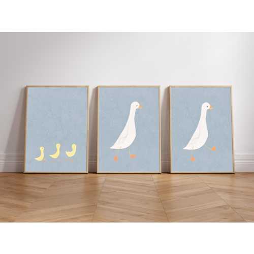 Dusty Blue Silly Goose Family Art Print, Minimal Nursery Decor, Hand-Painted Watercolor Art, Whimsical Soft Blue Cute Japandi Artwork, 30