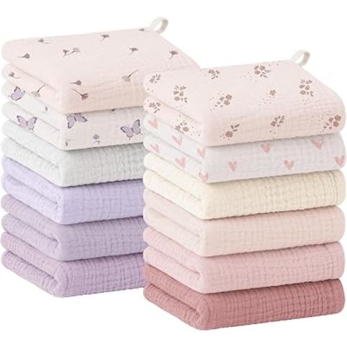 Bearmoss 12 Pack Baby Muslin Washcloths, 100% Cotton Soft Face Towels, 10"x10" Absorbent Bath Wash Cloths and Burp Cloths for Newborn Infants Kids Girls & Boys (Pink Purple)