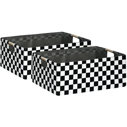 Checkered Storage Basket Foldable Nursey Box | 16.9" Storage Cube for Women Closet Organizer Boys Car Toys Bins with Handles | Sturdy Cardboard & Washable Fabric 2Pack