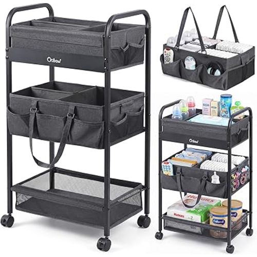 Orzbow Baby Caddy Cart Organizer, 3 Tier Baby Rolling Storage Cart with Wheels, Easy to Assemble, Detachable Infant Essentials Nursery Storage for Bedroom, Changing Table & Crib, Grey