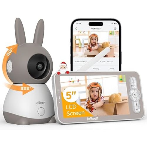 ieGeek Baby Monitor with 2K HD Resolution, Pan-Tilt-Zoom Video Baby Monitor Camera, 5'' LCD Screen & App Control, Night Vision, Cry and Motion Detection, Temp & Humidity Sensor, Two Way Audio, VOX
