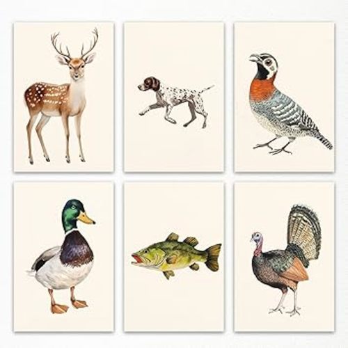 Nursery Animal Canvas Wall Art, Mallard Duck Hunting Poster, Deer Wall Art, Fish Fishing Wall Decor, Set of 6 Watercolor Animals Painting for Kids, Dog Bird Turkey Print Cabin Art 8x12in Unframed