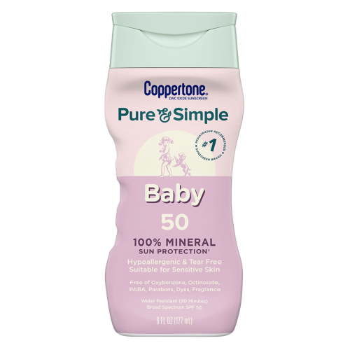 Coppertone Pure & Simple Baby Sunscreen Lotion, SPF 50, Toddler Safe, Waterproof Sunblock for Kids, 6 Fl Oz Bottle