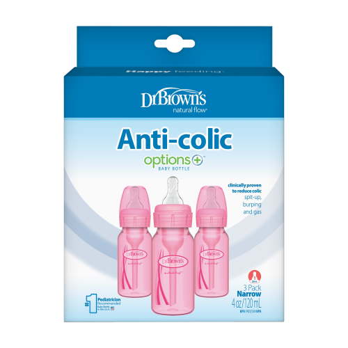 Dr. Brown's Anti-Colic Options+ Narrow Baby Bottle, 4 oz/120 ml, Level 1 Slow Flow Nipple, Pink, 3-Pack