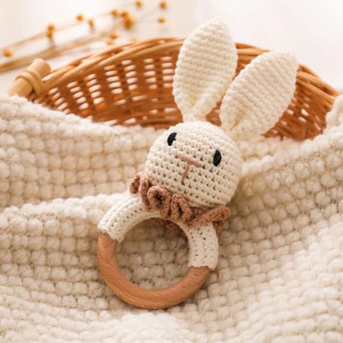 Wooden Baby Rattle，Crochet Bunny Rattle with Wood Ring, Newborn Wooden Animal Rattle Toy，Infant Bunny Wood Rattle Toys