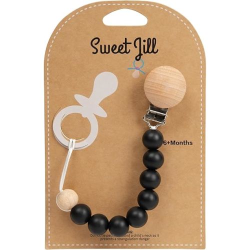 Pacifier Clip Made with Silicone Beads and Secured with Wood Clip. 9" Long. Keeps Pacifiers securely Fastened. (Black)
