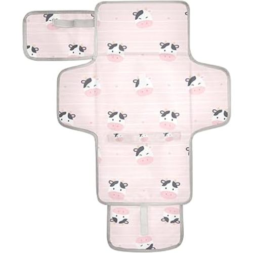 Portable Diaper Changing Pad Travel Baby Changing Mat Waterproof Diaper Changing Mat Foldable Lightweight Baby Changer with Built-in Pillow Cute Pink Cow Head