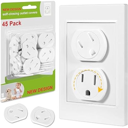Outlet Covers (45 Pack) Self-Closing Outlet Plug Covers 3-Prong Swivel Electrical Outlet Protectors for Baby Upgraded Adhesive Installation Socket Covers Comes with Extra Sticker Durable ABS Plastic