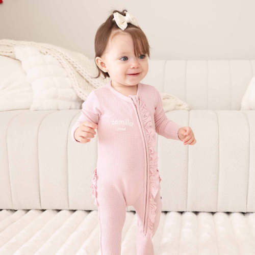 Embroidered Bamboo Waffle Zipper Ruffle Footies | In Bloom