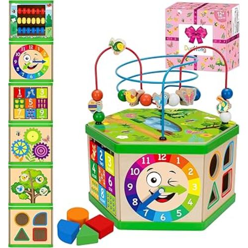Wooden Activity Cube for 12-18 Month, 1 Year old Boys & Girls, 7-in-1 STEM Montessori Early Developmental Learning Toys for Kids Aged 1-2, Ideal 1st Birthday Gift Toys for Baby, Toddlers (Pink)