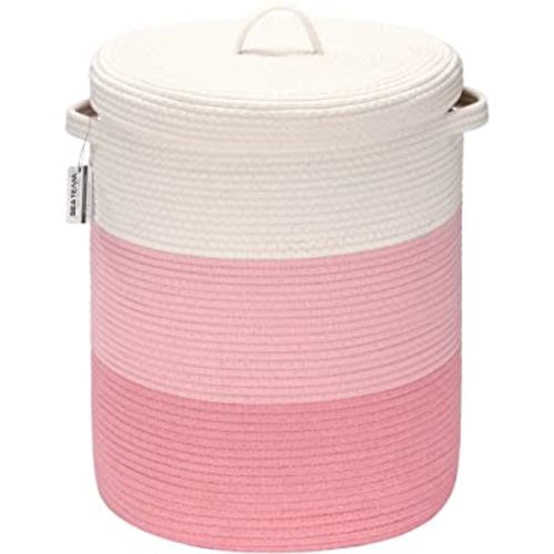 Sea Team Large Size Cotton Rope Woven Storage Basket with Lid, Lidded Laundry Hamper with Handles, Fabric Bucket with Cover, Clothes Toys Organizer for Kid's Room, 16 x 20 inches, White & Pink