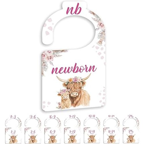 JMOST Hightland Cow Baby Closet Dividers for Nursery Closet Organizer, Newborn to 24 Months Size Clothes, Boho Hangers with Size Dividers, Double Sided