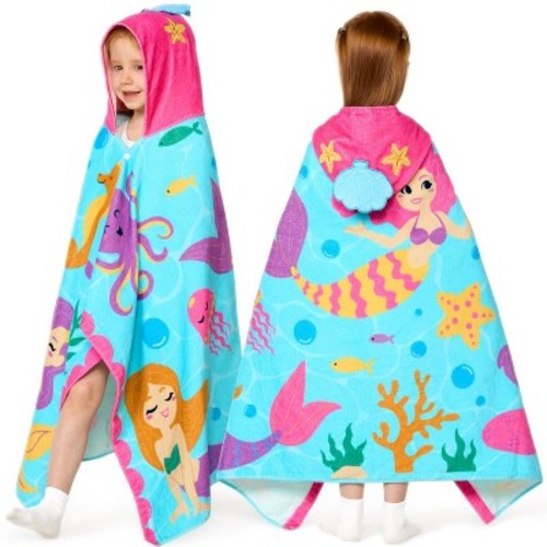Joyfy Mermaid-Themed Hooded Bath Towels for Kids - 30" x 50" Soft 100% Cotton Beach Towel for Girls Aged 3-10, Beach Pulover, Swim Towel and Bath Wrap