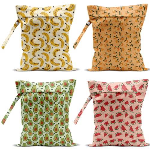 4 Pack Cute Fruit Wet Bag Waterproof Washable Reusable Wet Dry Bag for Swimsuit Dirty Clothes Cloth Diaper Travel Beach Pool Yoga Gym Toiletries Travel Beach Essentials Watermelon Avocado Banana