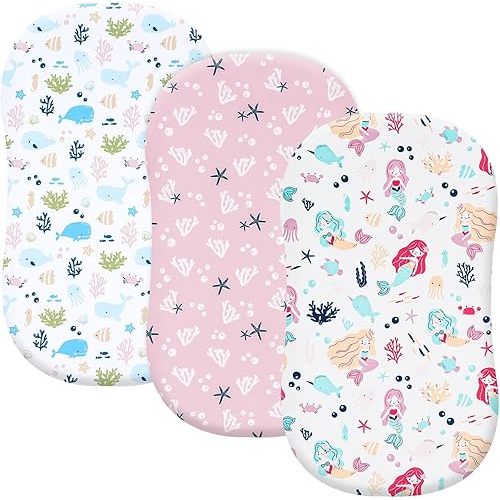 PHF 3 Pack Soft Bassinet Sheets, Mermaid Breathable Comfy Cradle Sheets for Baby Girls, No Slip Universal Fit for Most Cradle and Bassinet Mattress, Mermaid