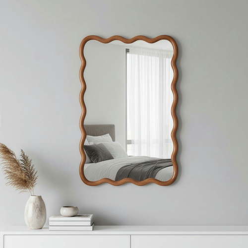 Kadyn 20"x30" Wavy Rectangle Accent Mirror, Decorative Wall Mounted Mirror for Home Bedroom Living Room Entryway, Premium Solid Wood Frame Design, Yellowish Brown Wood