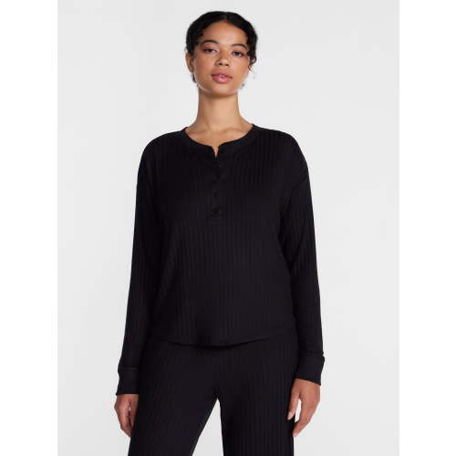 Joyspun Women's Cozy Lounge Collection Hacci Long Sleeve Henley Sleep Top, Sizes XS to 3X