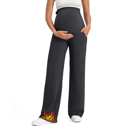 G4Free Fleece Lined Maternity Yoga Pants Over The Belly Stretchy Wide Leg Warm Pregnancy Work Trousers with Pockets