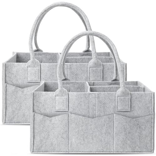 Cute Castle 2 Pack Diaper Caddy Organizer - Portable Baby Caddy Organizer with Handle, Nursery Storage Bin and Car Organizer for Girls, Boys - Baby Gift Basket - Grey