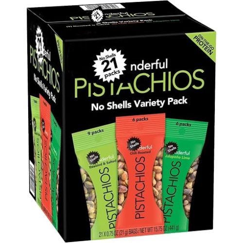 Wonderfull-Pistachio No Shells, 3 Flavors Mixed Variety Pack of 21 (0.75 Ounce), Pistachios Individual Packs, Roasted & Salted Nuts (9), Chili (6), Jalapeño Lime (6), Protein Snacks, Healthy Snacks Bulk Pack (441 G)