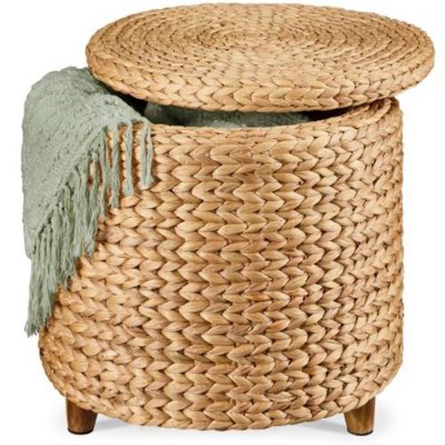 Best Choice Products 17" Round Storage Ottoman with Lid - Handwoven Water Hyacinth Modern Footstool, Natural