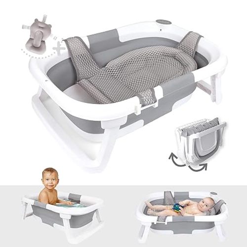 BEBELEH™ Collapsible Baby Bathtub – Bathtub + Baby tub Sling + Newborn Sling – Baby Bathtub Newborn to Toddler 0-24 Months – The Ultimate Travel Baby Bath Tub and Everyday Use! (Gray)