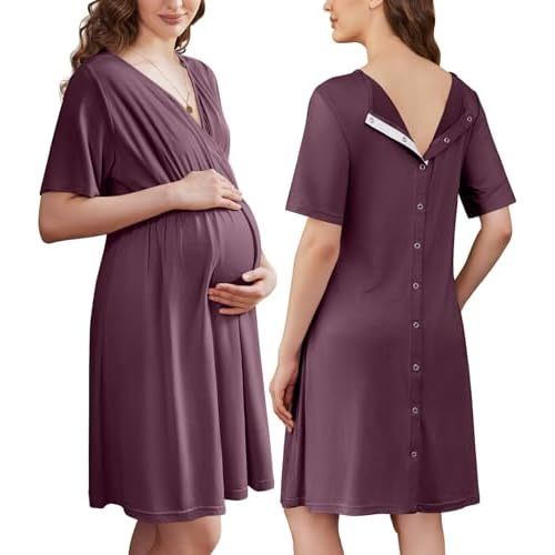 Ekouaer Labor and Delivery Gown for Hospital Short Sleeve Maternity Nursing Dress Nightgown with Button S-XXL