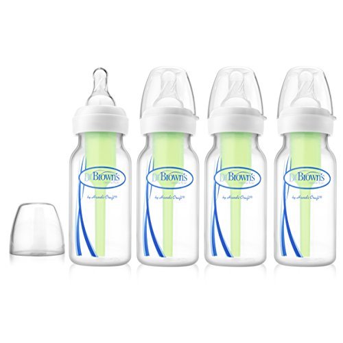 Dr. Brown’s Natural Flow® Anti-Colic Options+™ Narrow Baby Bottles 4 oz/120 mL, with Level 1 Slow Flow Nipple, 4 Count (Pack of 1), 0m+ - 4 Pack, 4oz, Clear