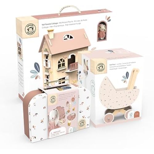 SPEEDY MONKEY Flowers Cottage Wooden Playset with Doll Pram & Doll Play Set | Wooden Baby Doll Stroller with Rabbit Baby Doll Playset with Feeding Accessories | Role Play Gift Set for Girls & Boys