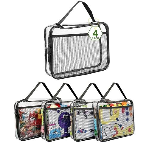 4 Pack PVC Toy Zippered Blocks, 11.8"X3" X9" Travel Storage Case Bags for Organizing, Waterproof Toy Storage Bags with Mesh Pockets for Building Blocks, Puzzles, Clays,Toy Cars