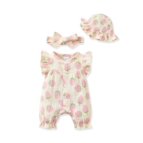 Renotemy Baby Girl Clothes Outfits Infant Summer Romper Cotton Linen Preemie Newborn Essentials Photography with Hat&Headband