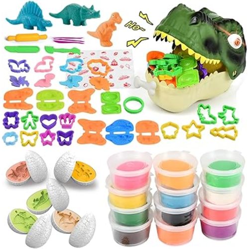 Dough Play Sets for Kids 2-4, Dinosaur Noodle Maker Toy, Toddler Play Clay Kit with Dinosaur Modle Eggs, Arts and Crafts Tools Gift for 3 4 5 6 7 8 Year Old Girls Boys (Dinosaur Head)